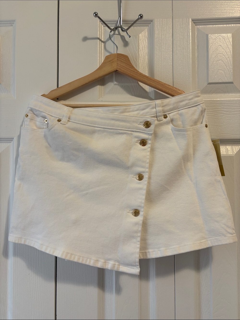 Michael Kors White Asymmetrical Button Skort with Gold-Tone Accents